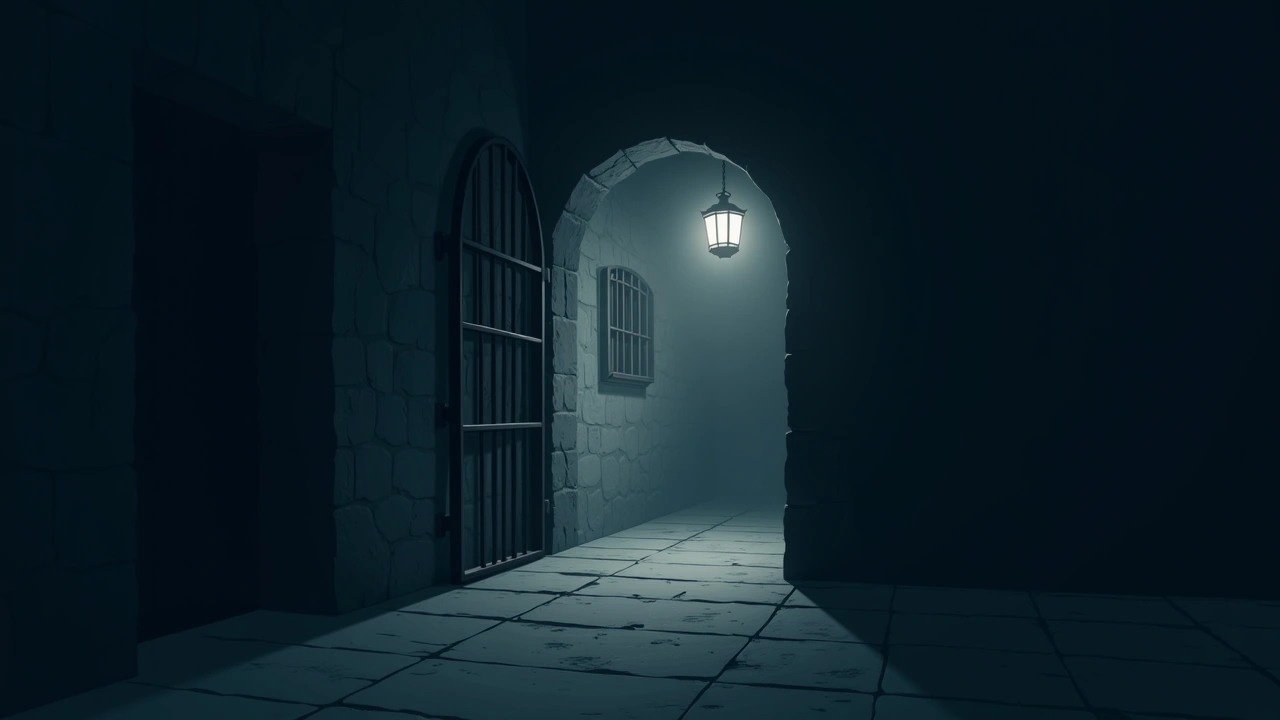 Illustration: a dim stone jail corridor at night, lit by a single lantern.