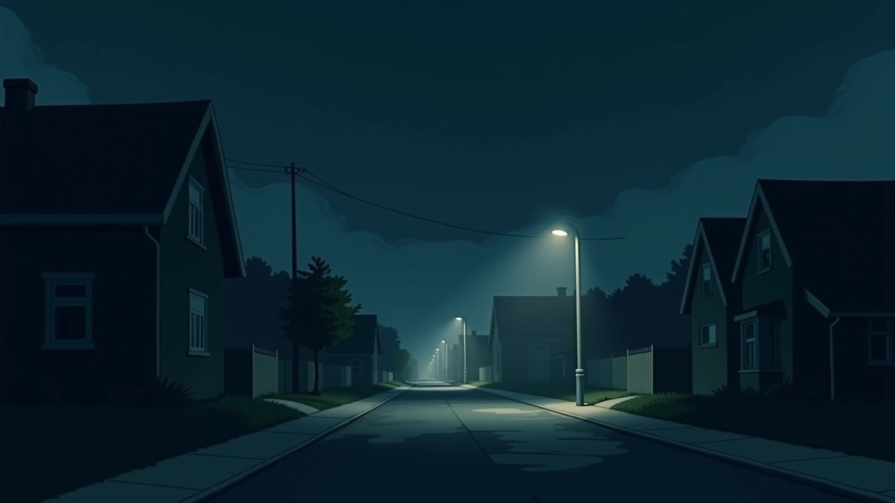 Illustration: a quiet residential street at night, an ordinary house lit faintly under streetlights.