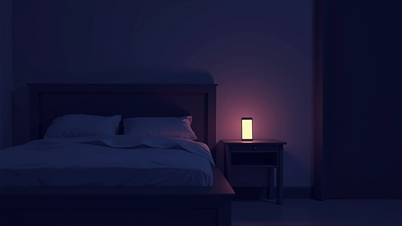 Illustration: A quiet, dimly lit bedroom with a phone glowing softly on a nightstand at night.