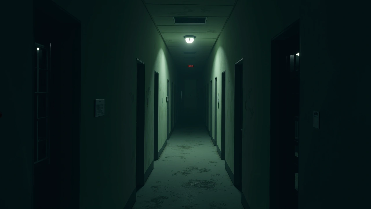 Illustration: an old prison cell block corridor, dimly lit.