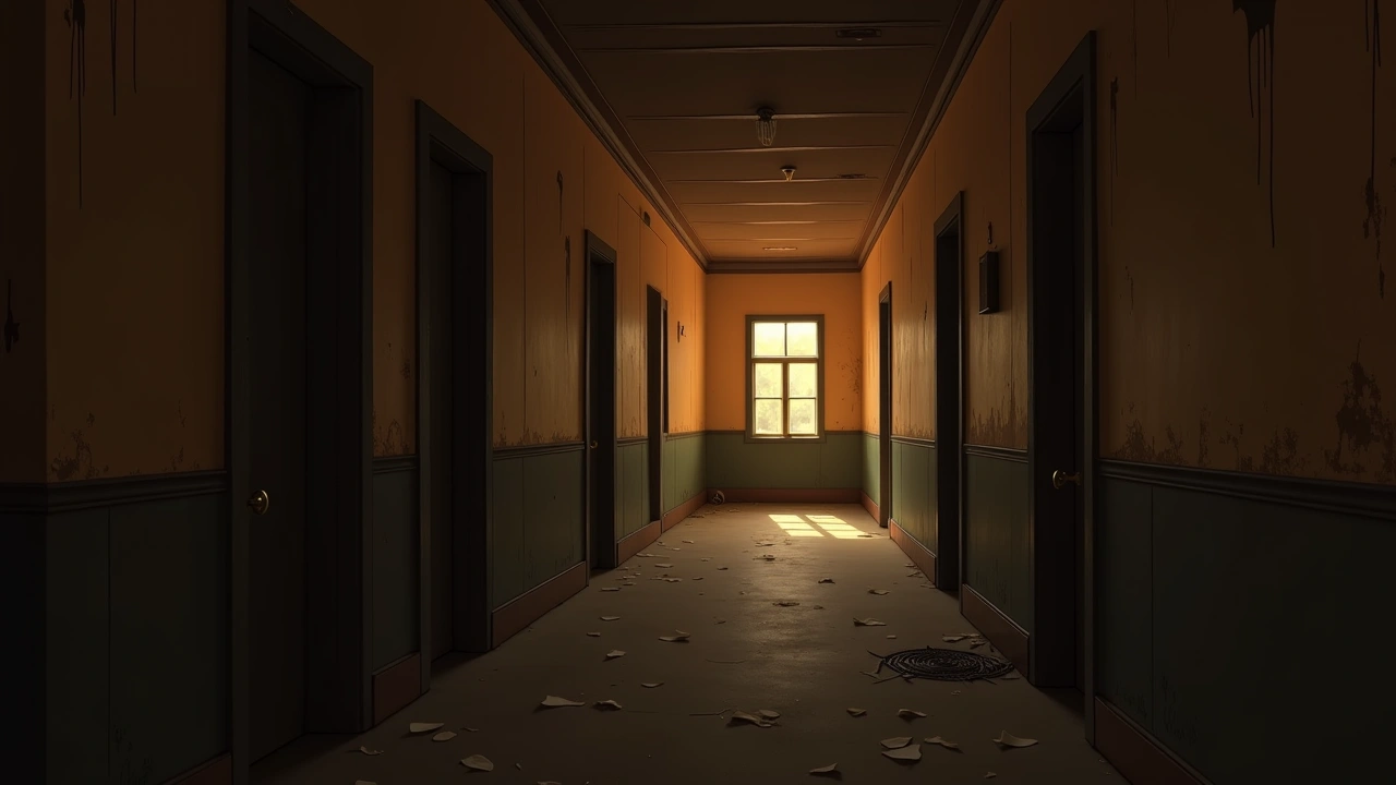 Illustration: a dim, empty asylum corridor with peeling paint and flickering light.