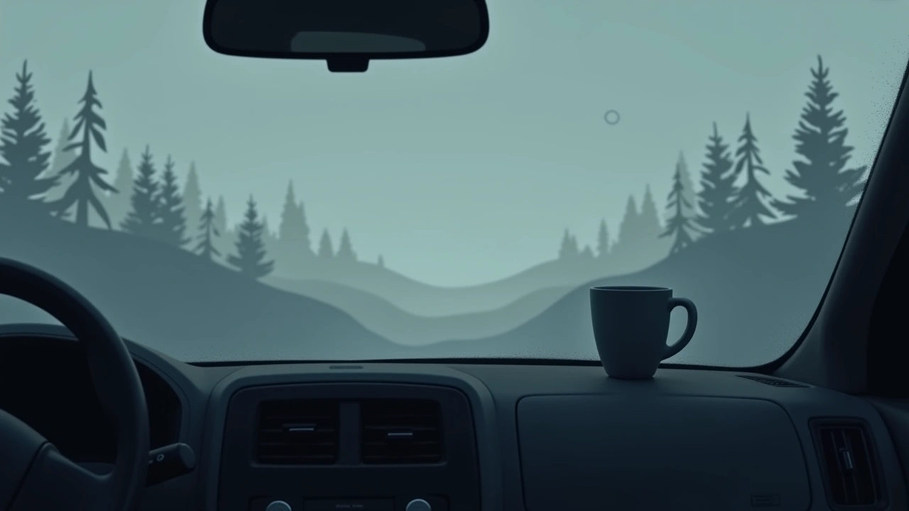 Illustration: a coffee cup on a car dashboard at dusk.