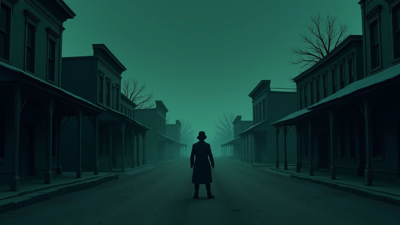 Illustration: a dusty historic street in an Old West ghost town at dusk.