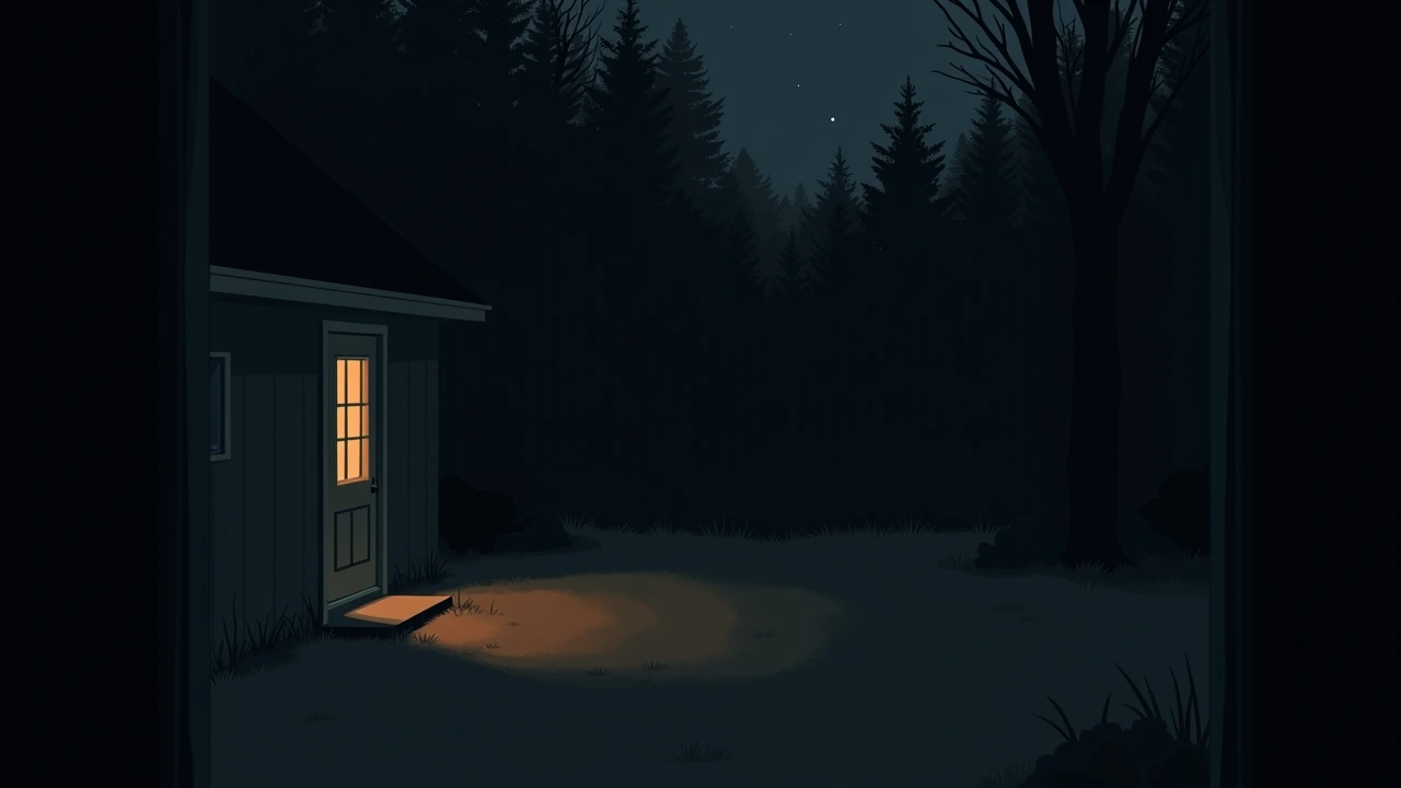 Illustration: a backyard at night, seen through a window, bordered by dark trees.