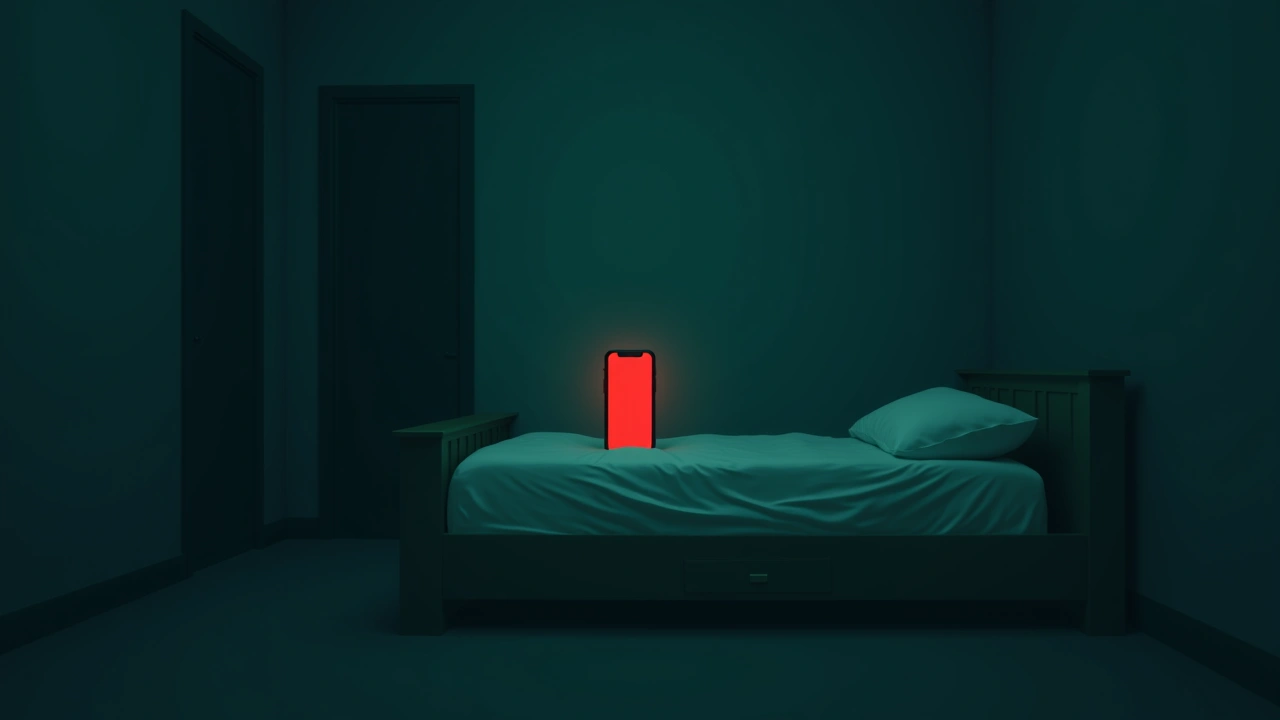 Illustration: a dim bedroom at night with a phone screen glowing bright red.
