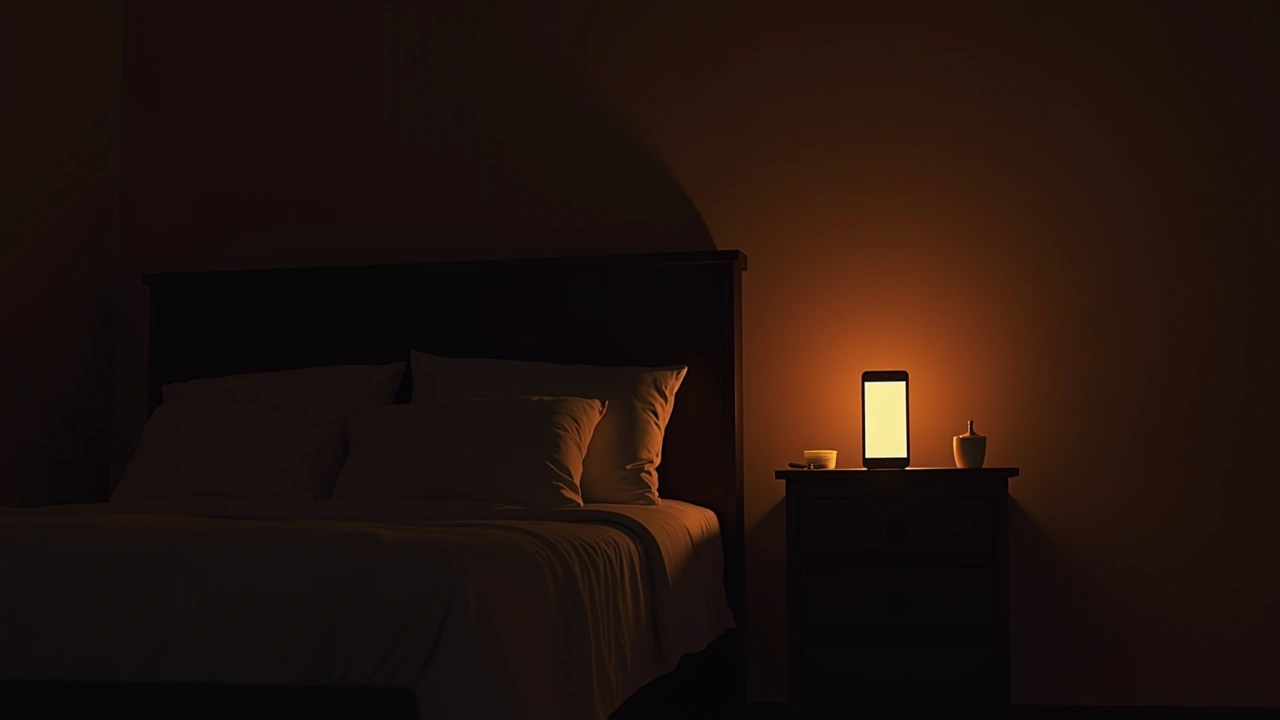 Illustration: a dim, quiet bedroom with a phone screen glowing on a nightstand.
