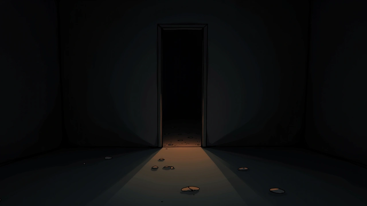 Illustration: an open doorway in a dim room, a dark smudge of shadow across the frame.