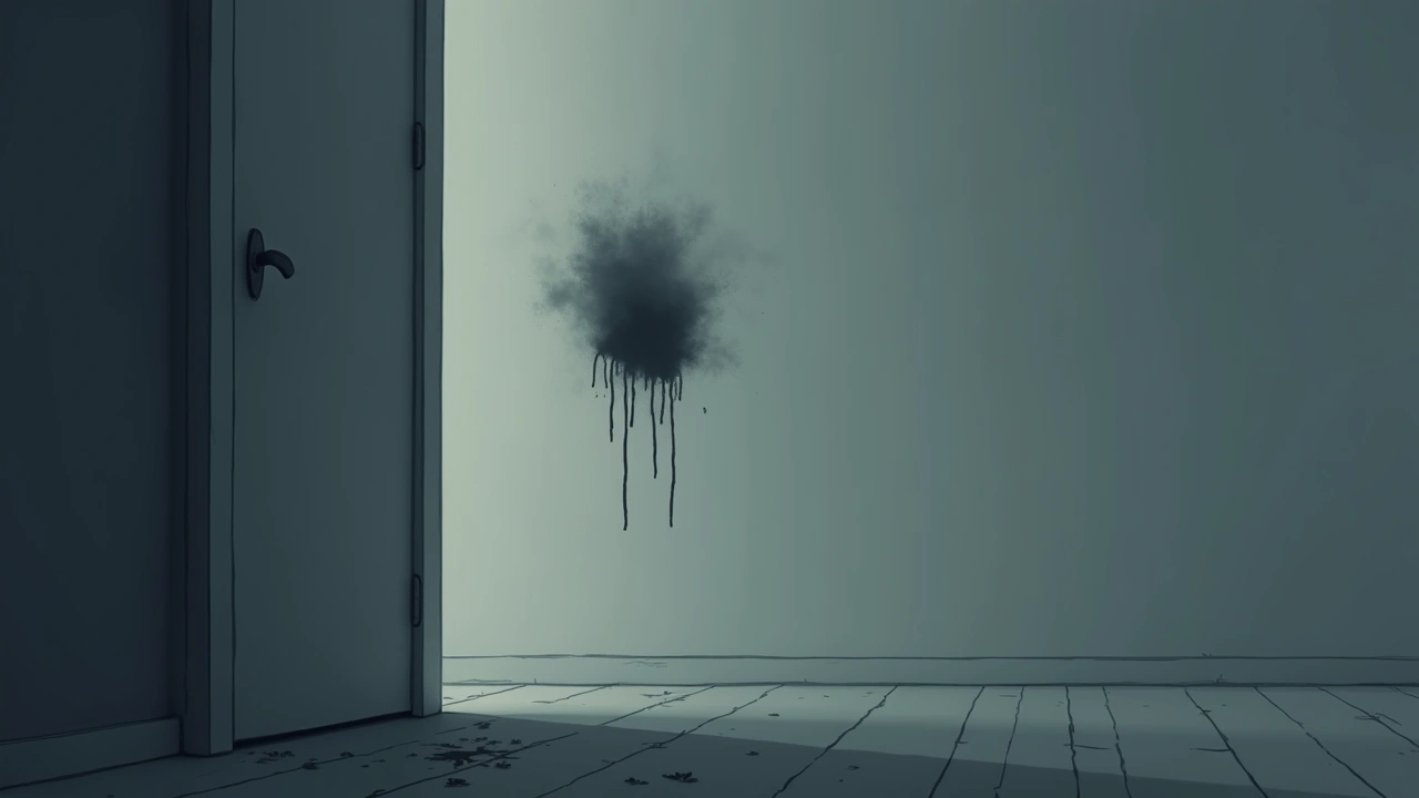 Illustration: a faint black stain on a wall, captured in a dim phone-camera photo.