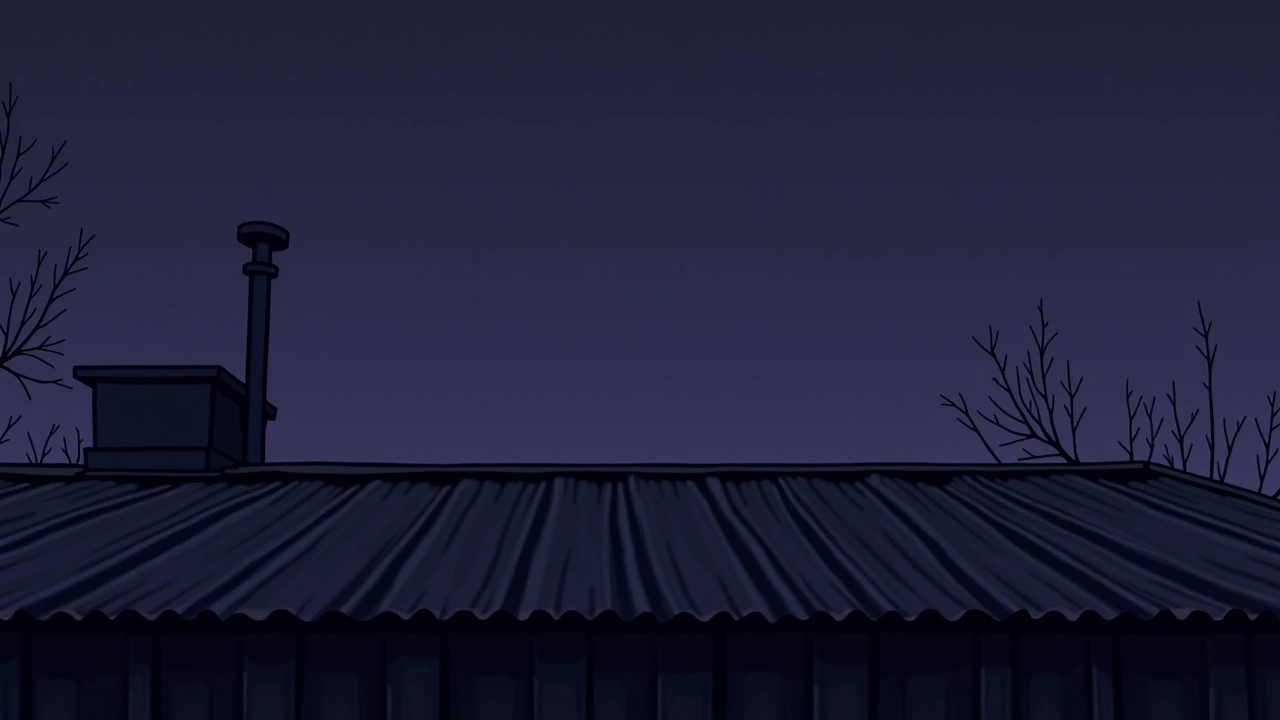 Illustration: a corrugated tin roof at night seen from below.