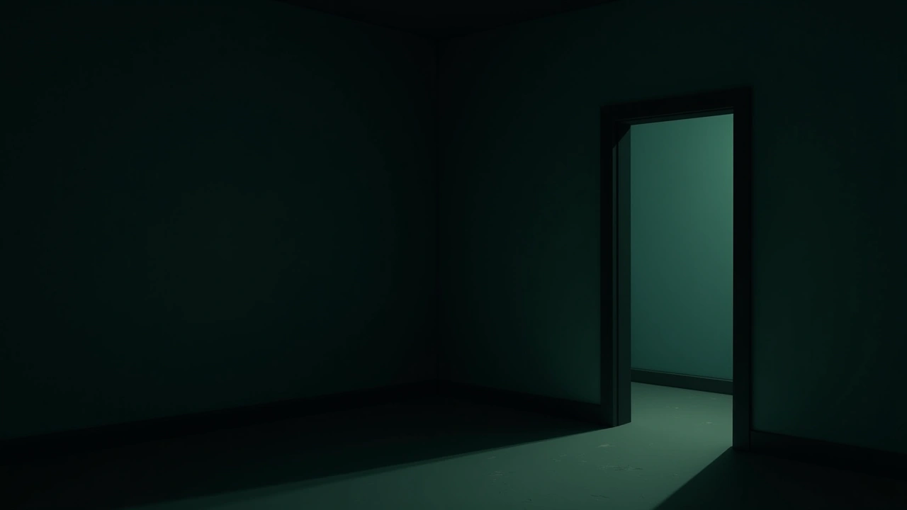 Illustration: a dim bedroom doorway with a dark shadow along the wall.