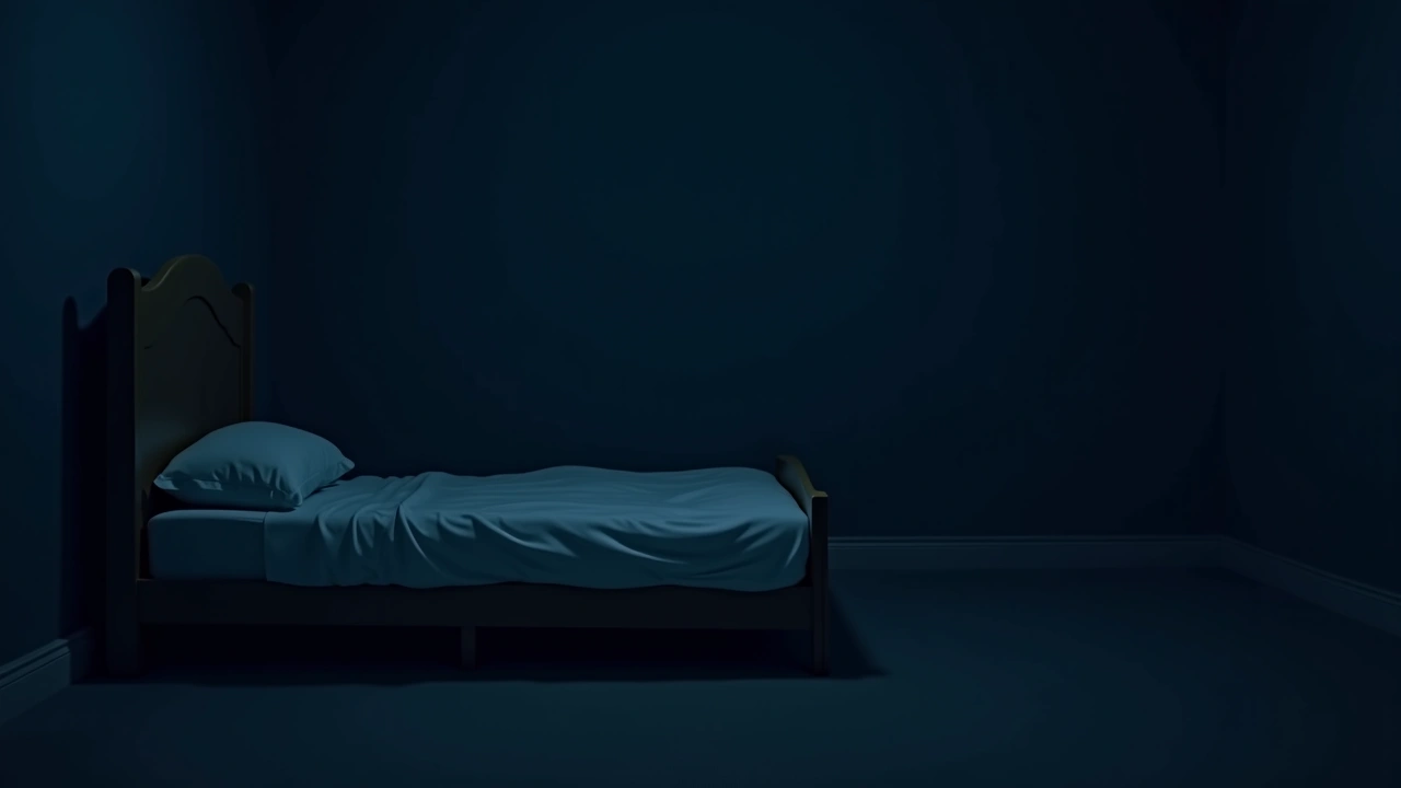 Illustration: an empty bed in a dim, quiet bedroom at night.