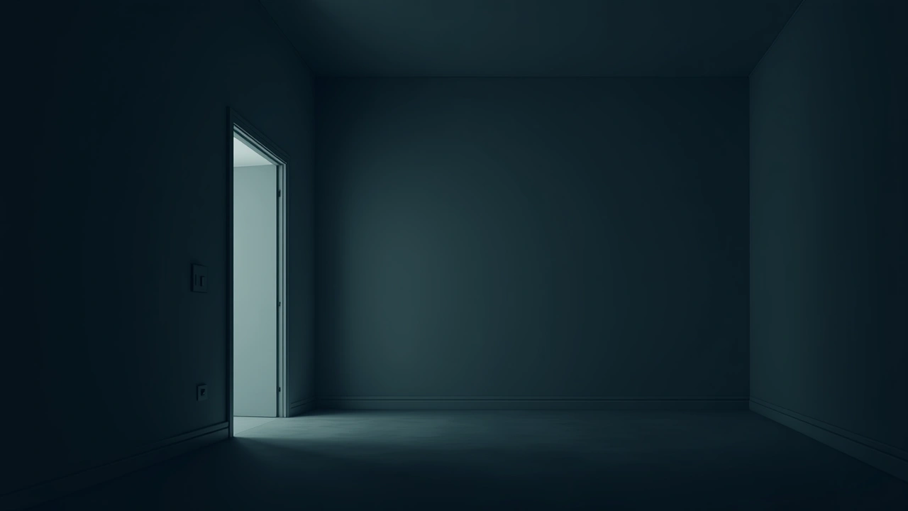 Illustration: a dark room lit only by a smartphone screen, lights off.