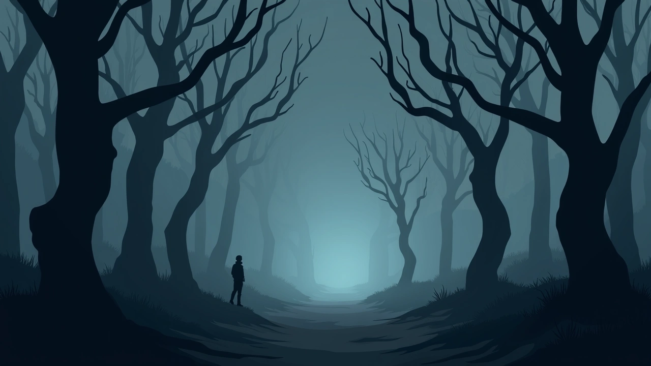 Illustration: A dense, misty forest at dusk with gnarled, twisted trees.