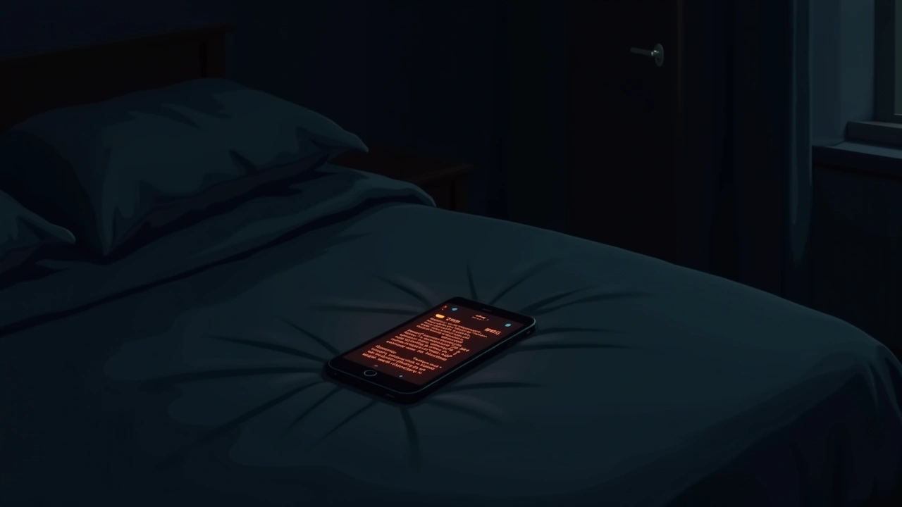 Illustration: A phone lying on a bed in a dim upstairs bedroom, its screen glitching with a flood of notifications.
