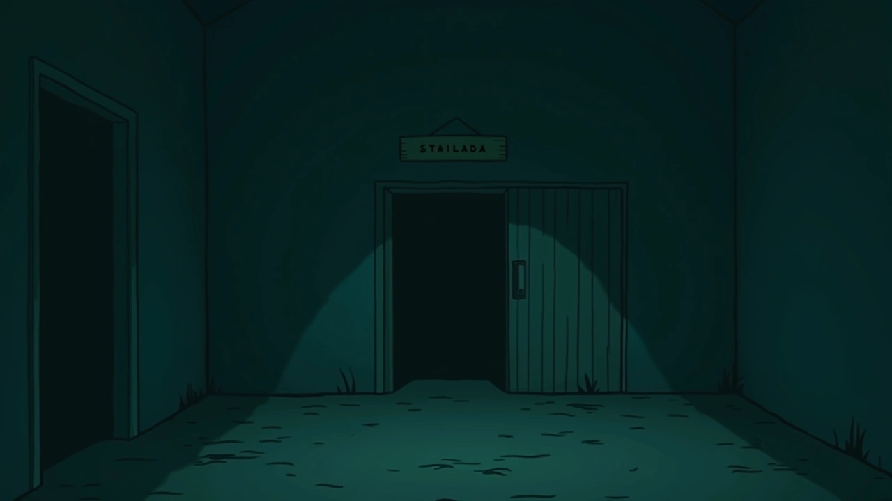 Illustration: a stable entrance at dusk, a wooden sign hanging above the doorway.