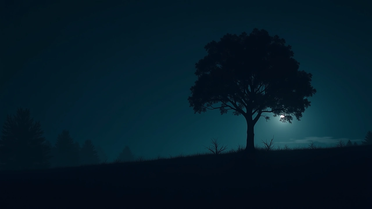 Illustration: a tree at night seen through a phone camera viewfinder.