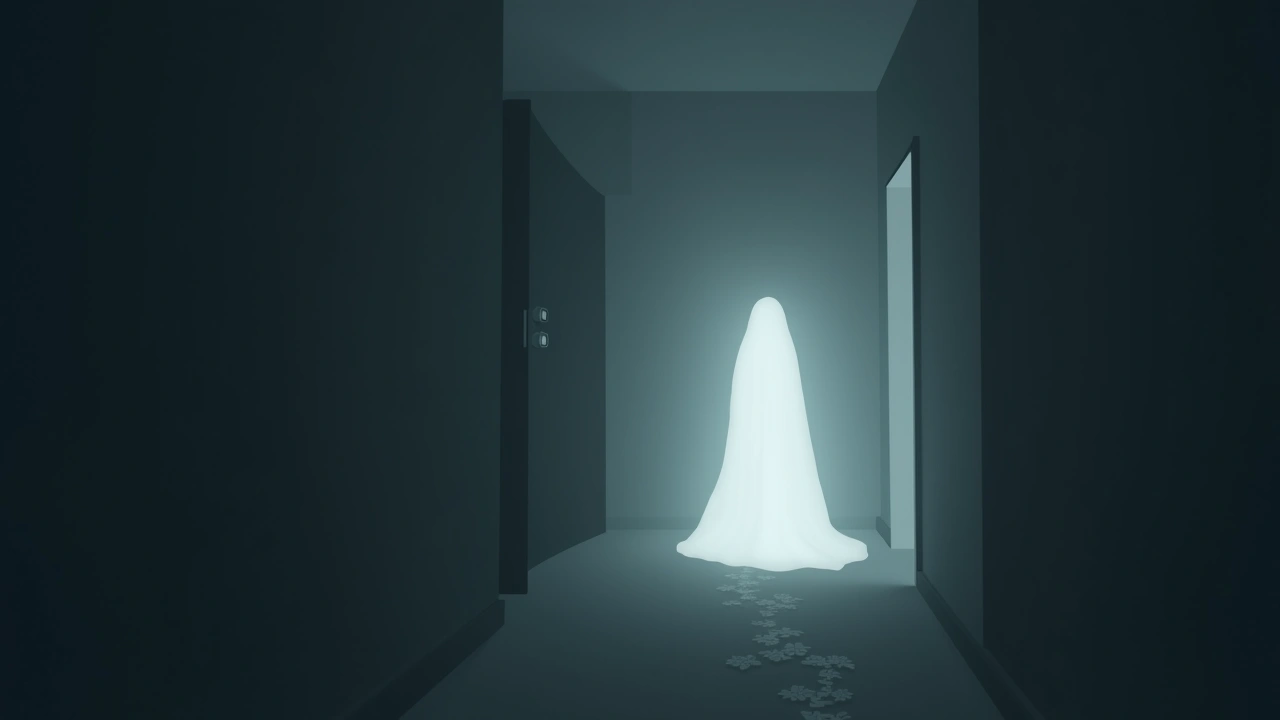 Illustration: A faint white mist and glowing orb visible only in a photograph of a dark room.