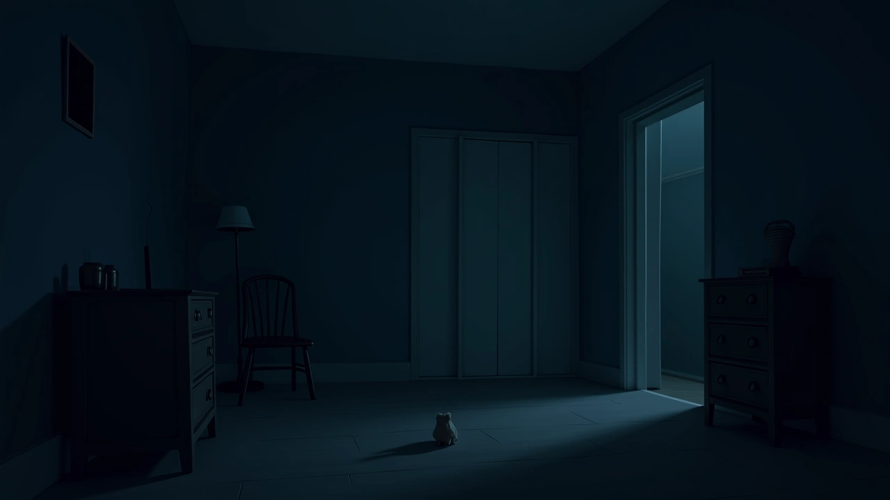 Illustration: a dim, quiet bedroom with old furniture, the kind kept by elderly relatives.