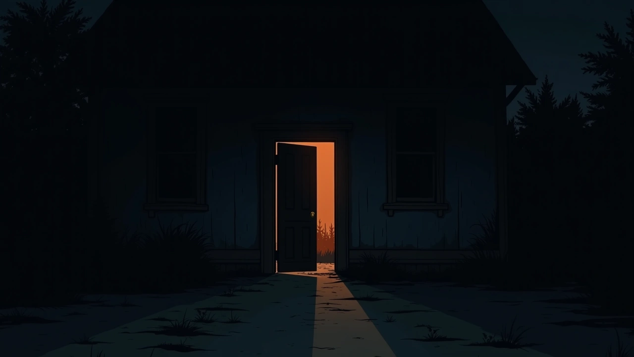 Illustration: a dim doorway in an old, abandoned house at dusk.