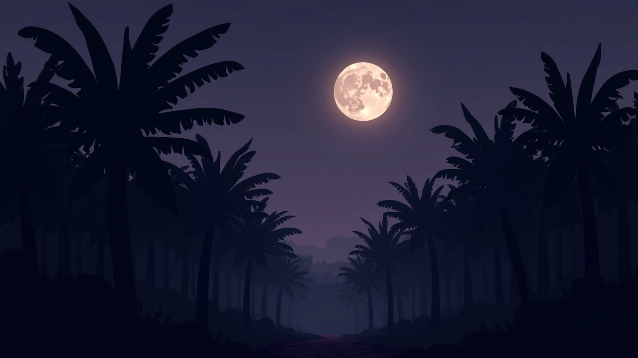 Illustration: a moonlit banana tree grove at night, dense shadows beneath the leaves.
