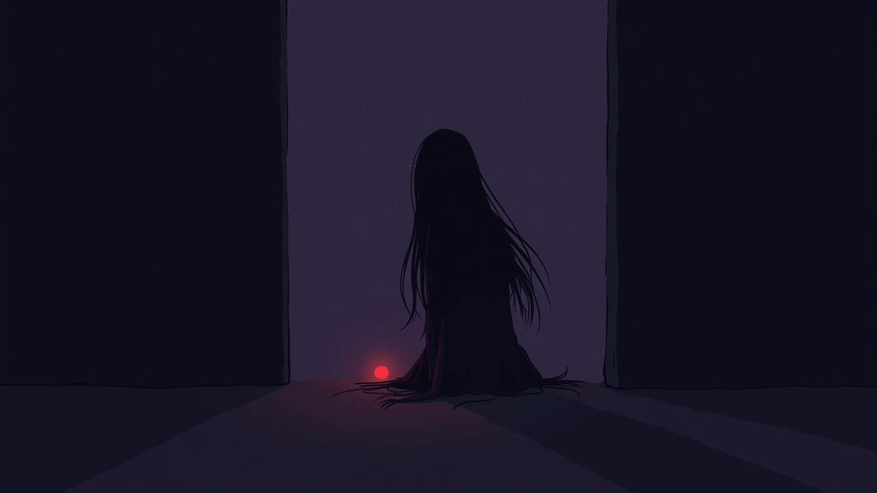 Illustration: a shadowy silhouette with long flowing hair glimpsed in a dark room, a small red dot glowing nearby.