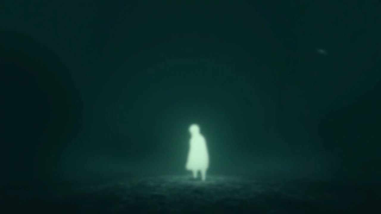 Illustration: a faint white shape captured in a blurry photograph against a dark background.
