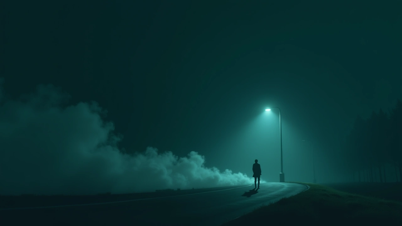 Illustration: a wisp of pale, smoke-like haze streaking past at night, caught in a camera flash, with a hint of blue light in the background.