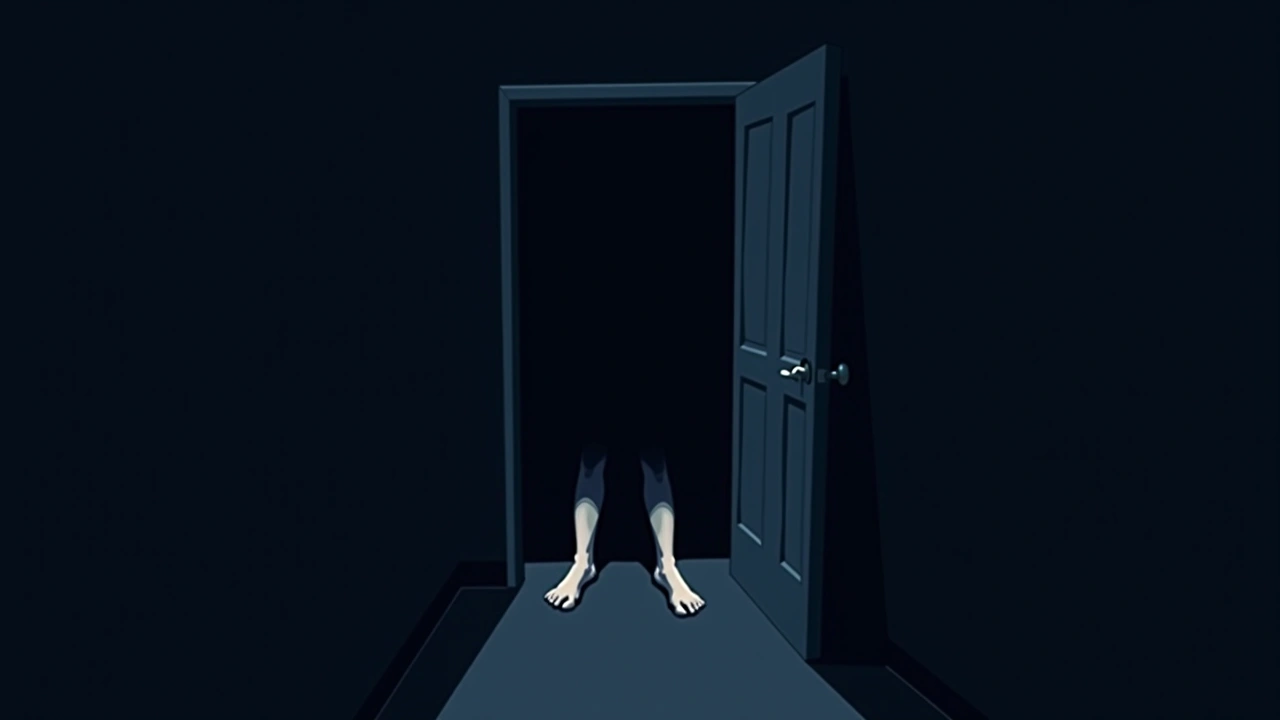 Illustration: A pair of legs disappearing around a dim bathroom doorway at night.