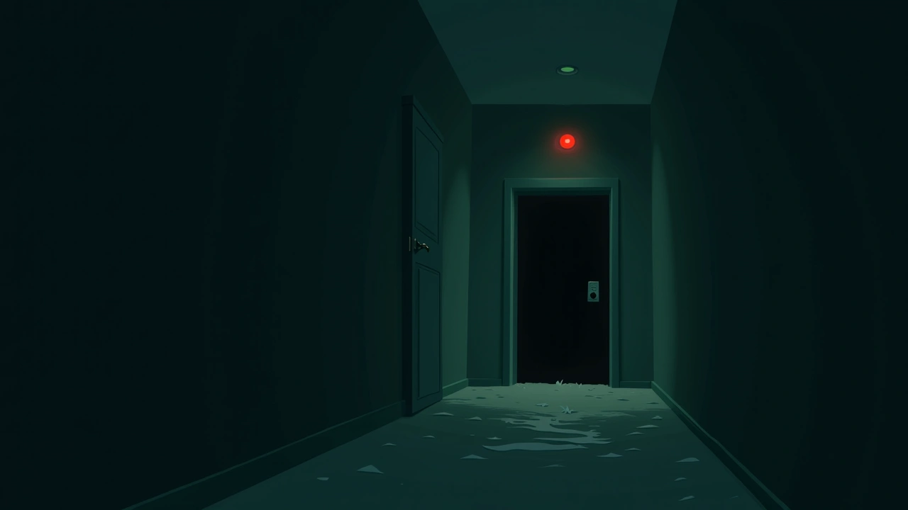 Illustration: a dark room at night lit only by a single blinking red light, faint wisps of pale mist near a doorway.