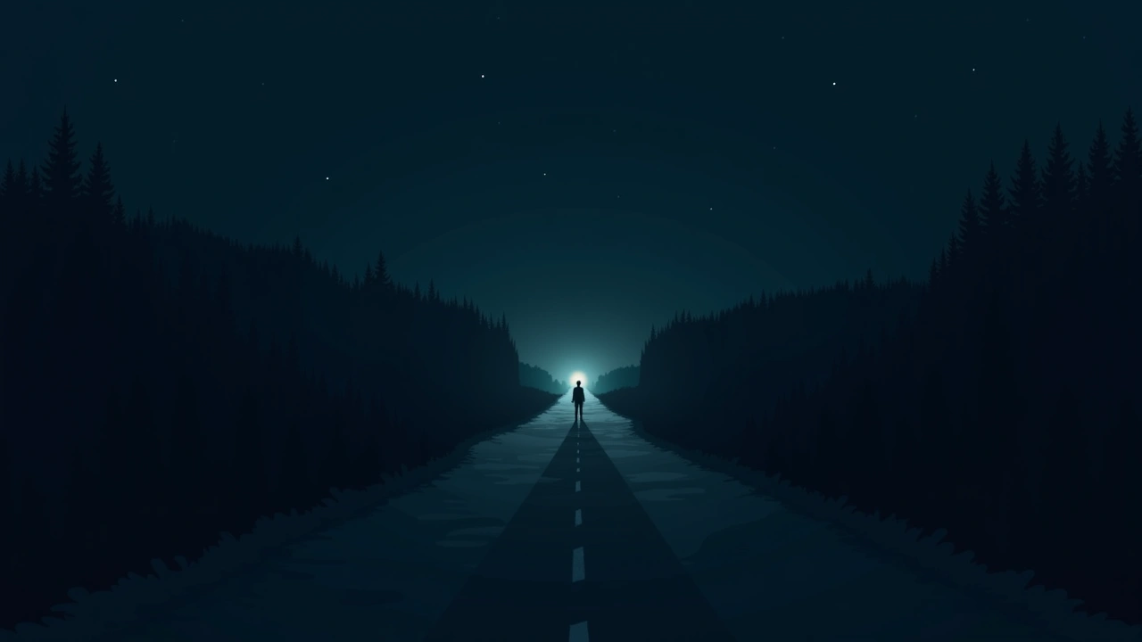 Illustration: A faint light glowing in the distance down a dark, empty path at night.