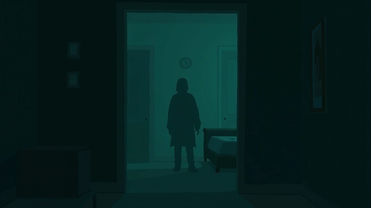 Illustration: a dim bedroom seen through a phone camera screen, a faint silhouette by the doorway.