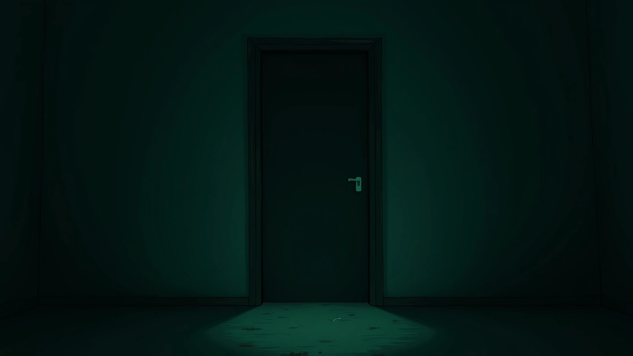 Illustration: a bedroom door photographed in dim light with a faint anomalous glow.