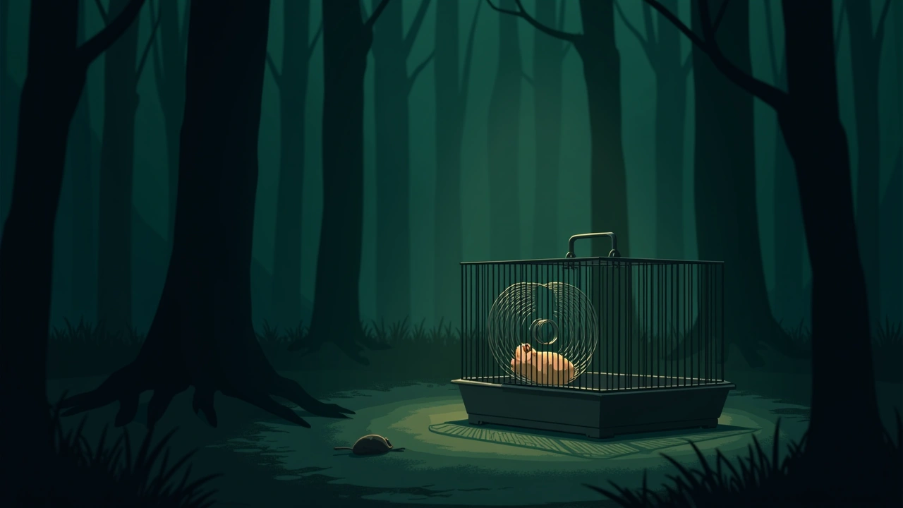 Illustration: an empty hamster cage with a still wheel, dimly lit.