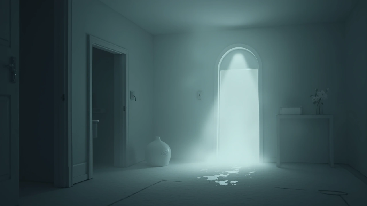 Illustration: a wisp of pale mist hovering in a dim, empty room.