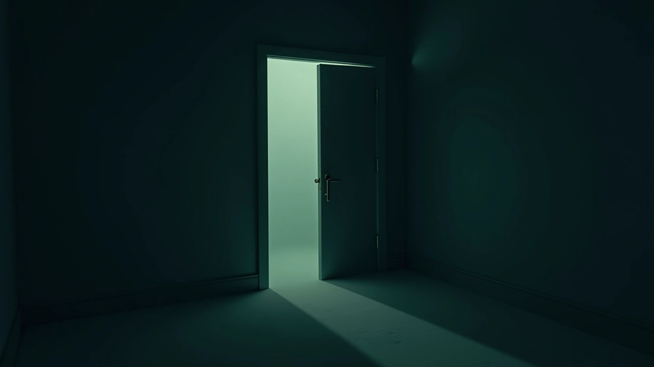 Illustration: a bedroom door slowly closing on its own in a dim, quiet room.
