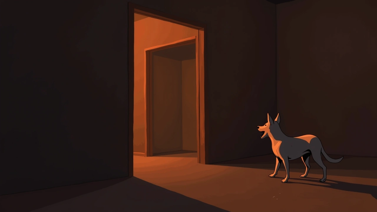 Illustration: a dog barking toward an empty corner of a dim room.