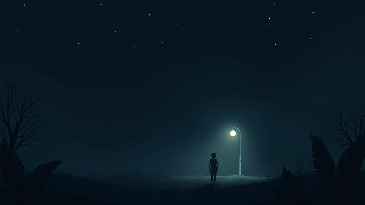 Illustration: faint glowing orbs and a wisp of mist in a dim photograph-like scene.