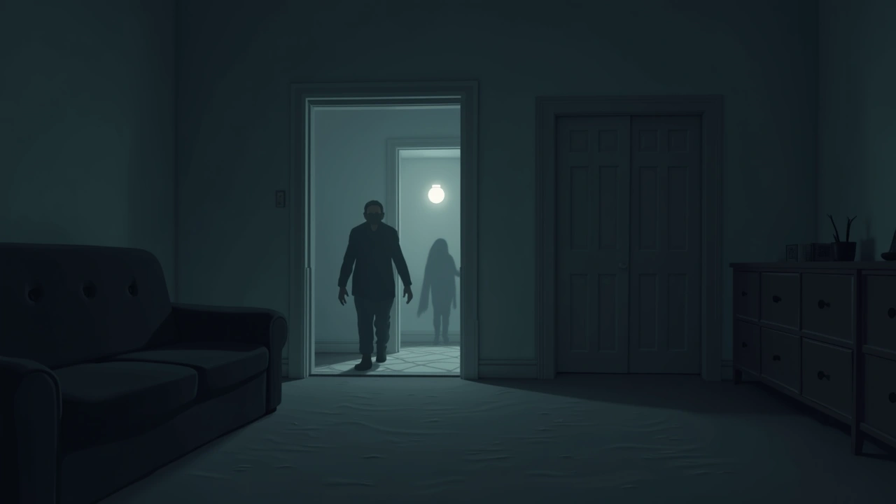 Illustration: A dim living room in an older house, a camera flash catching strange shapes near the doorway.