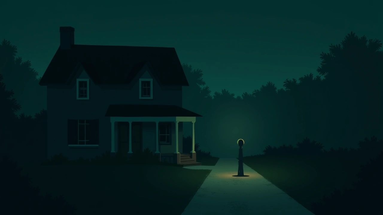 Illustration: A dim house exterior at night, seen from the front walkway.