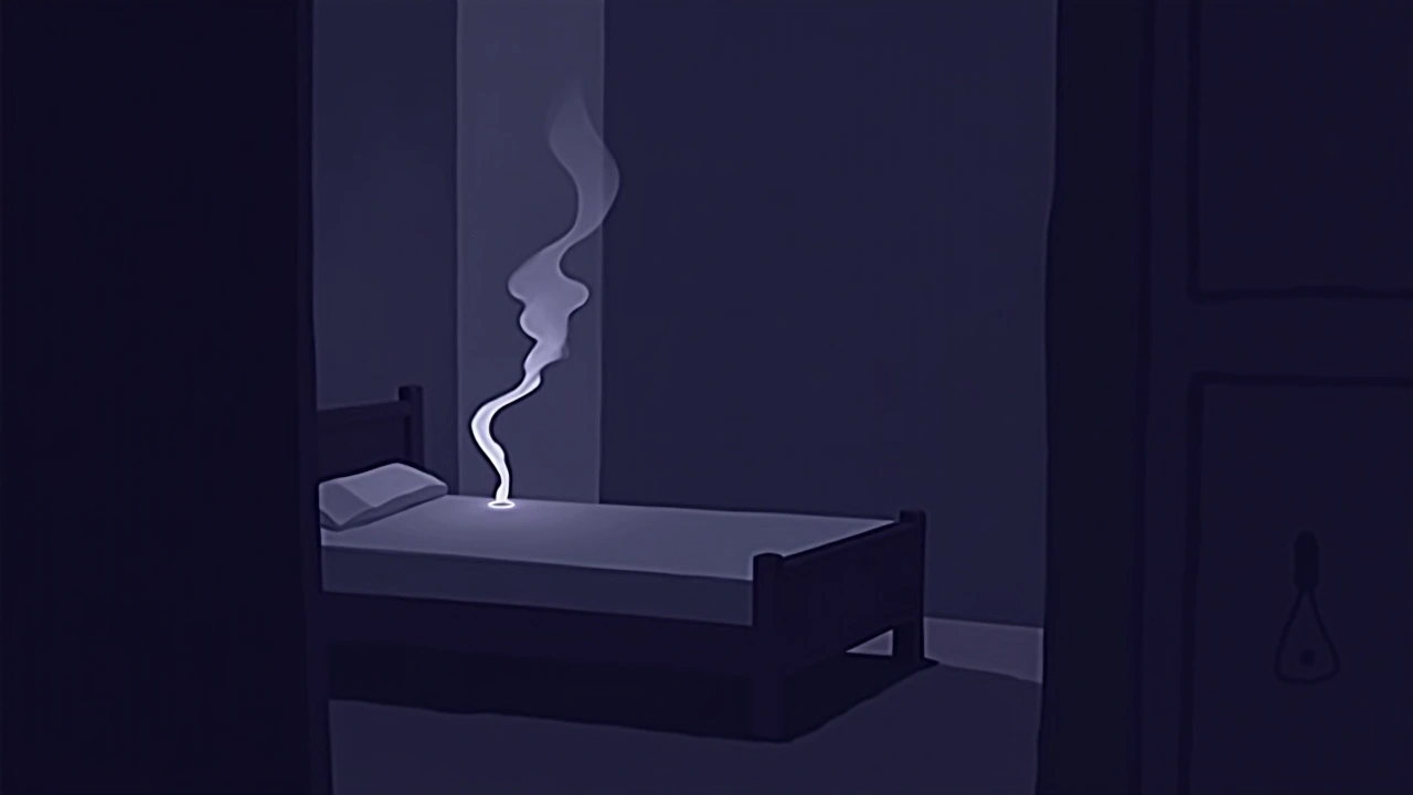 Illustration: a dim bedroom at night with a wisp of pale smoke curling into a faint humanoid shape.