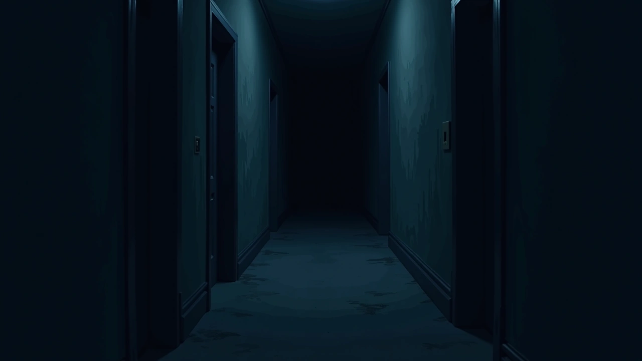 Illustration: a dark, quiet hallway inside an older house late at night.