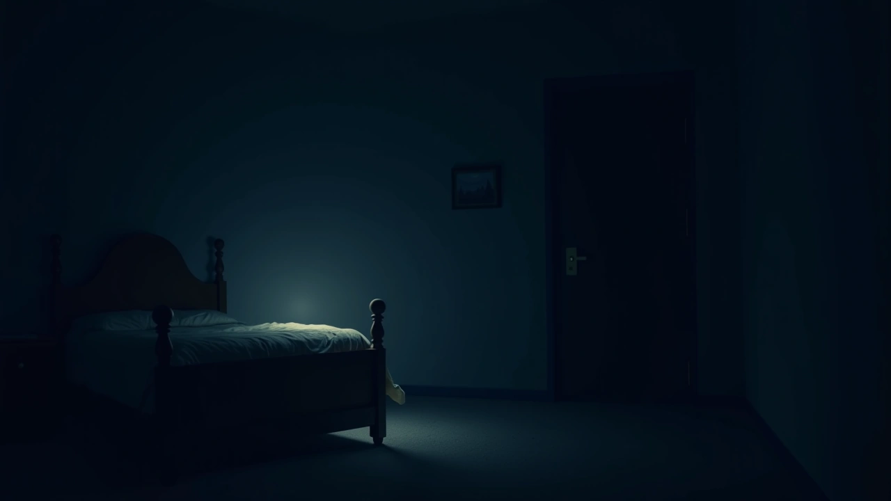 Illustration: A dim bedroom at night with a faint translucent shimmer in the air.