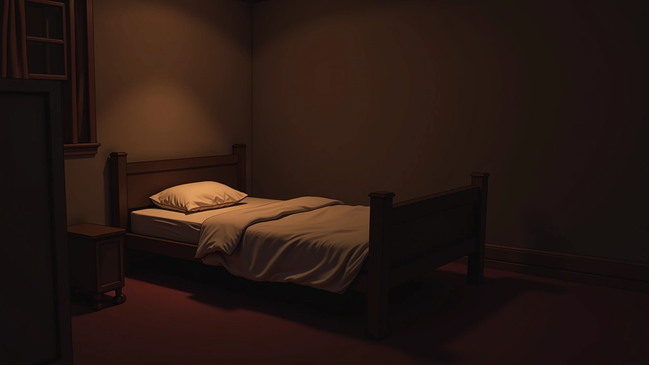 Illustration: A bed in a dim bedroom, shadowed space visible underneath.