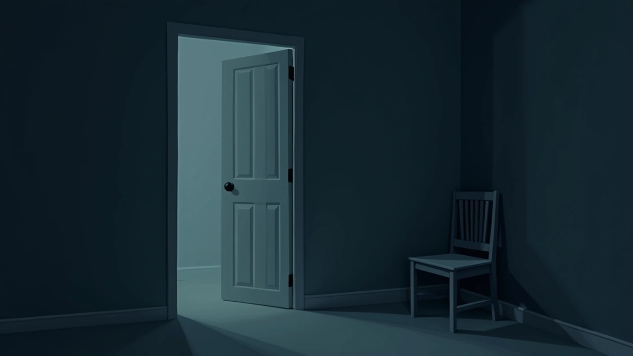 Illustration: a closed closet door in a dim bedroom, and an empty chair nearby.