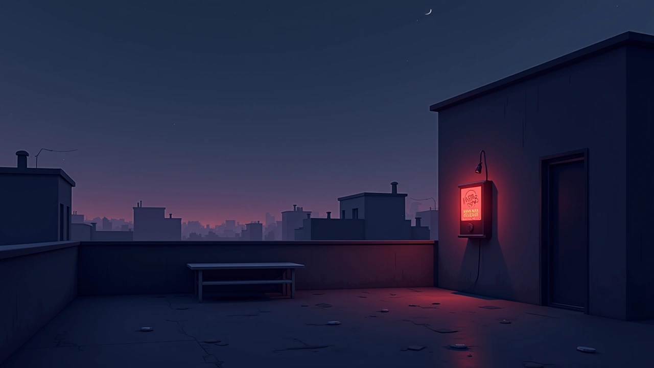 Illustration: a rooftop terrace at night under an open sky, a phone's meter glowing red.