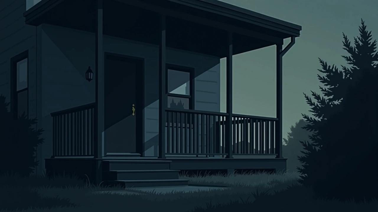 Illustration: a back porch at night with dark shadows gathering near the railing.