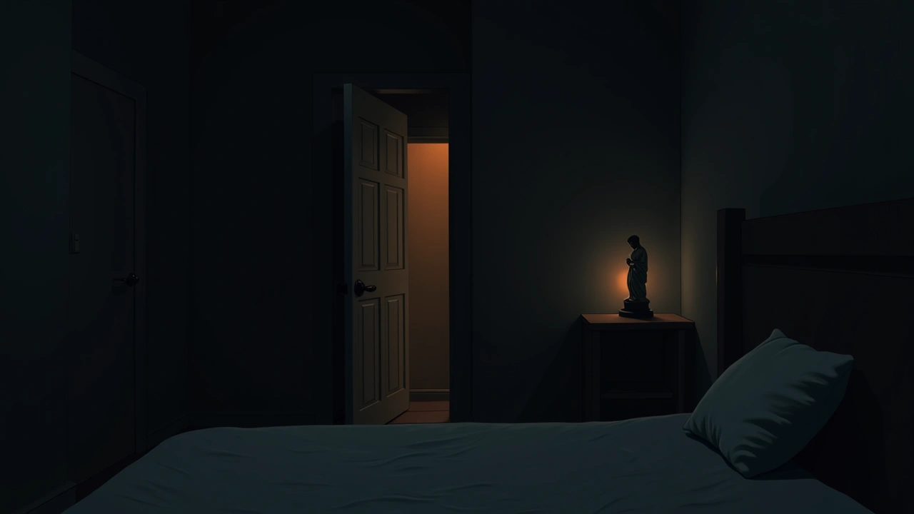 Illustration: a bedroom door glimpsed in near darkness, a small religious statue on a nearby shelf.