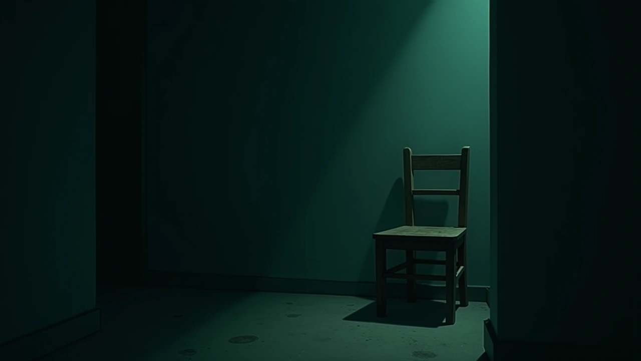 Illustration: an empty wooden chair in the corner of a dim bedroom.