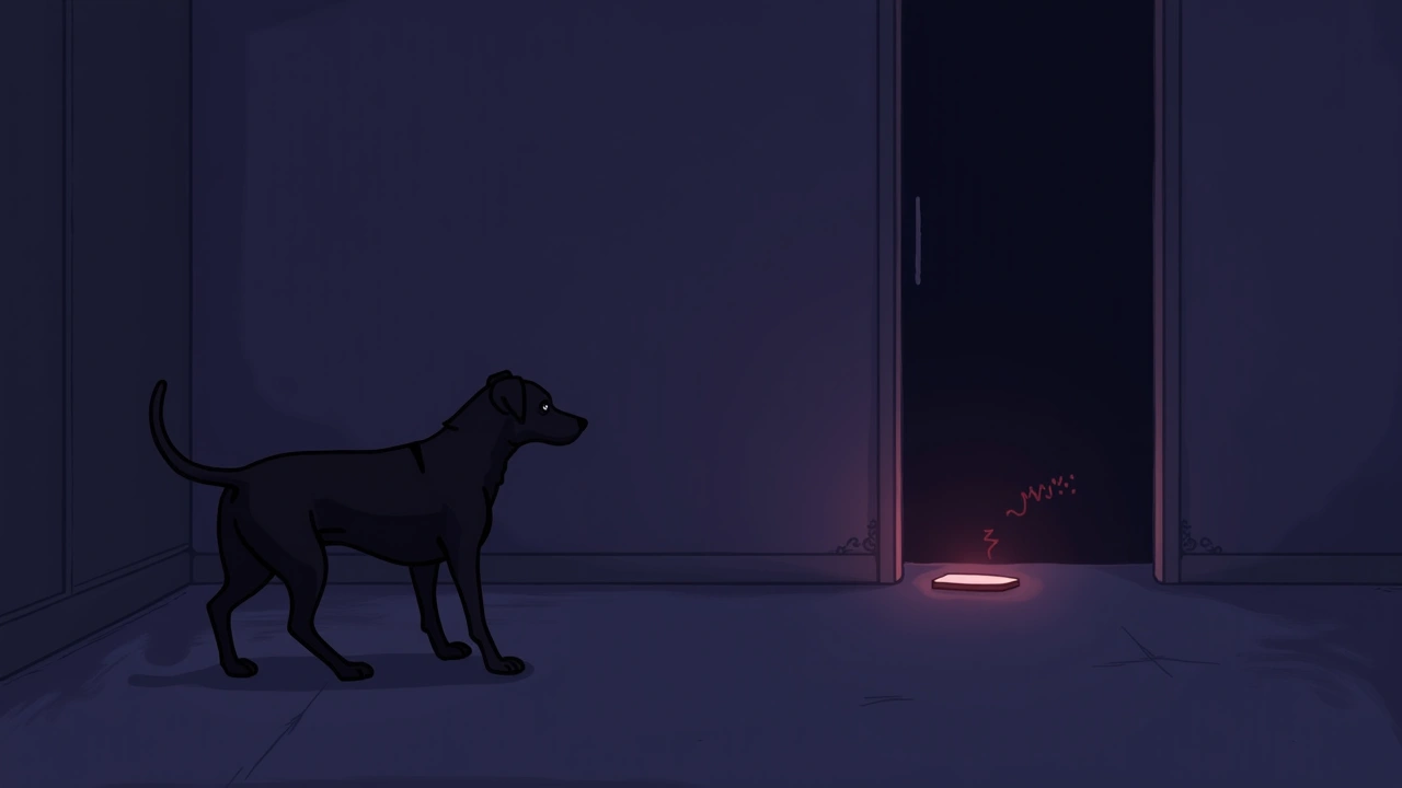 Illustration: a dog barking at an empty spot on the floor in a dim room, a phone glowing nearby with a spiking signal.