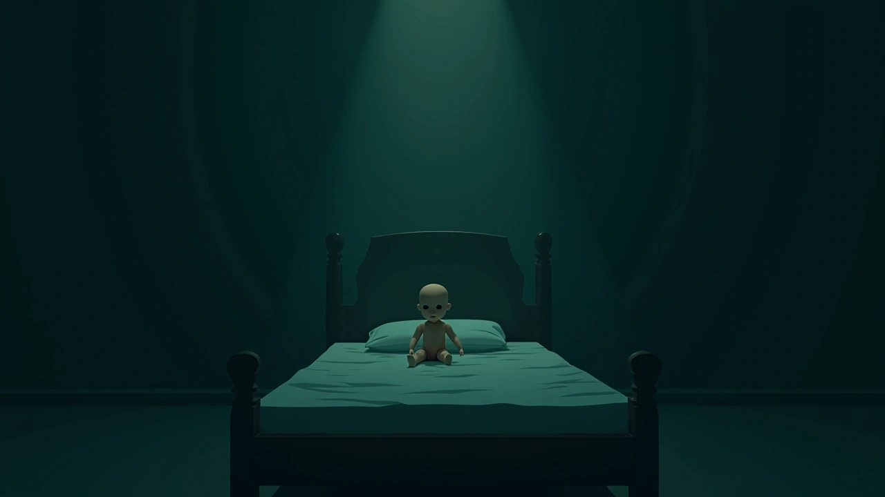 Illustration: a doll seated on a bed in a dim room.